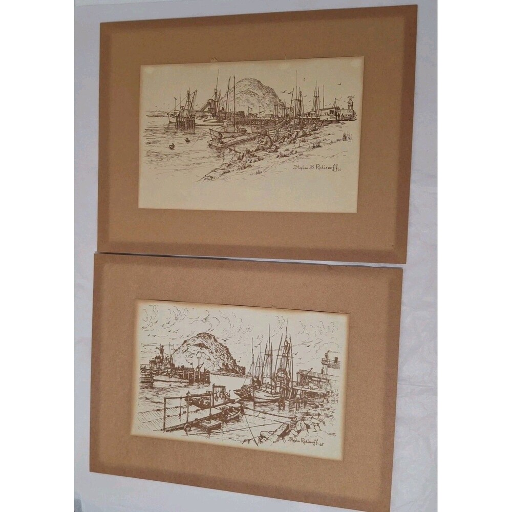 2 Stephen Rodionoff Postcards Pacific Coast Fishing & Busy Carver's Morro Bay CA